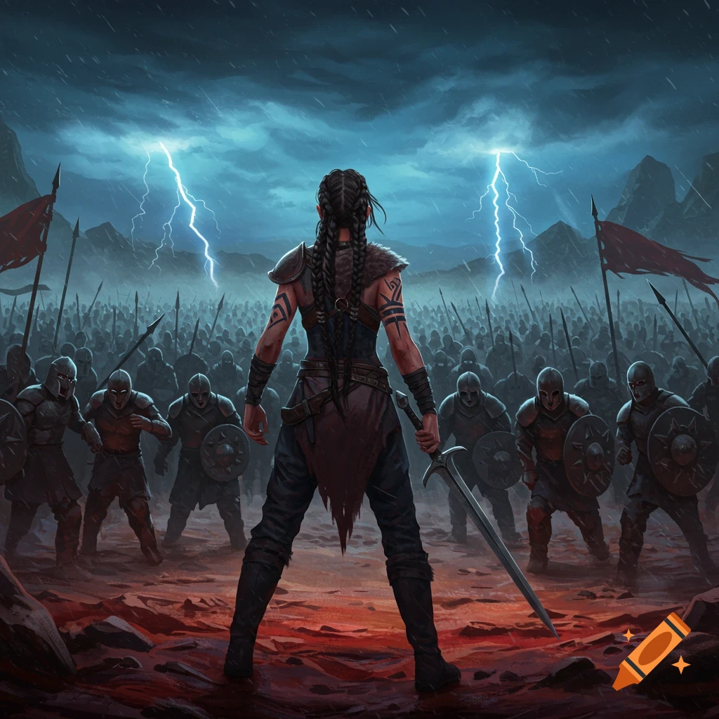 A lone warrior stands facing an army under a stormy sky with lightning.