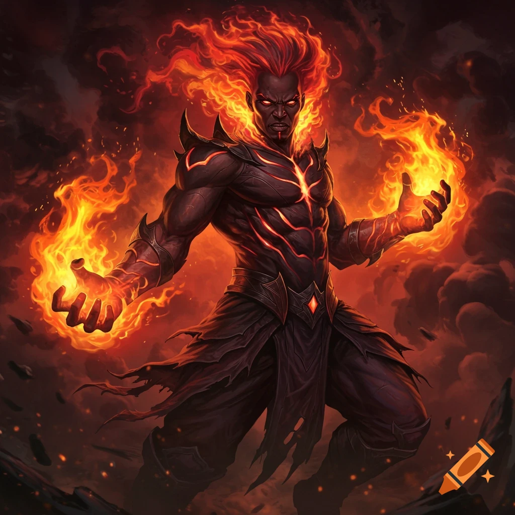 A dark-skinned male character with fiery hair and hands in a dark fantasy setting.