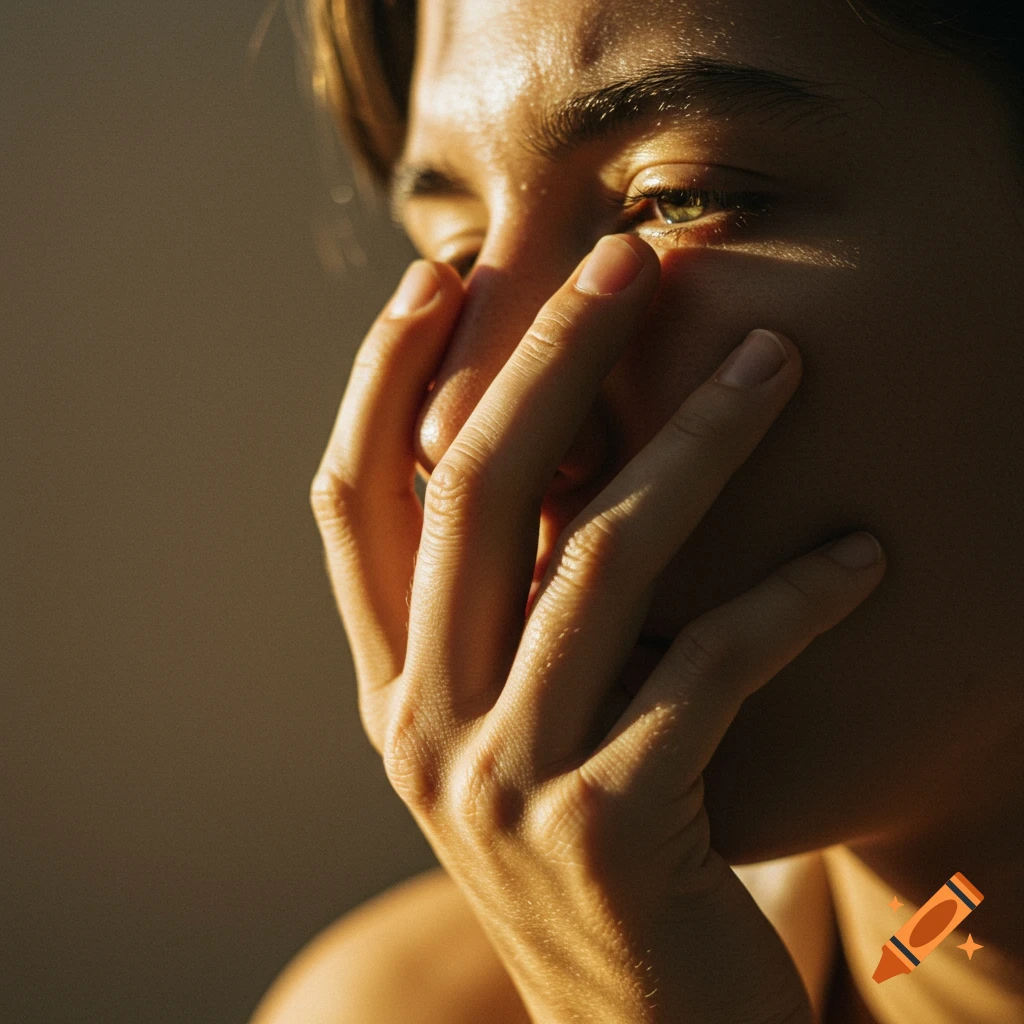 Close-up of a hand covering part of a face, illuminated by soft side light.