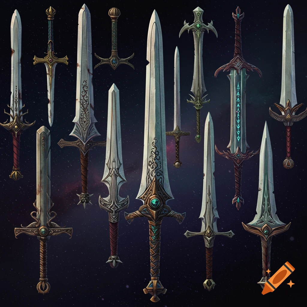 A grid of unique fantasy swords with detailed hilts and blades against a starry background.