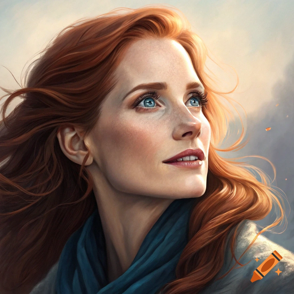 A painterly portrait of a woman with flowing red hair looking up, with a blue scarf.
