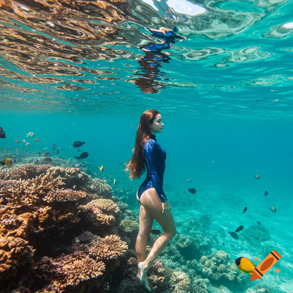 Woman in swimsuit underwater near coral reef and fish