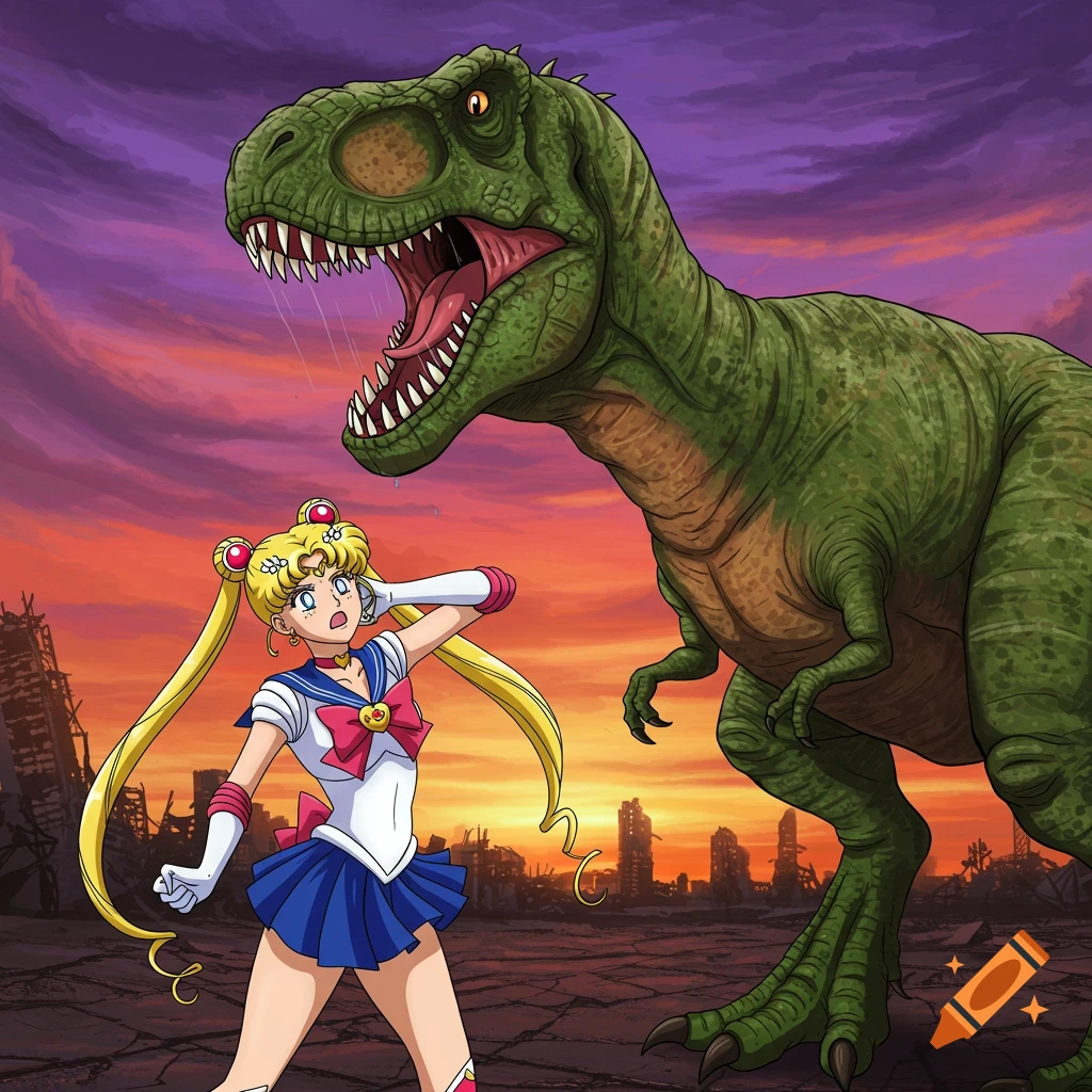 Anime character Sailor Moon faces a large T-Rex in a ruined city at sunset, cartoon style.