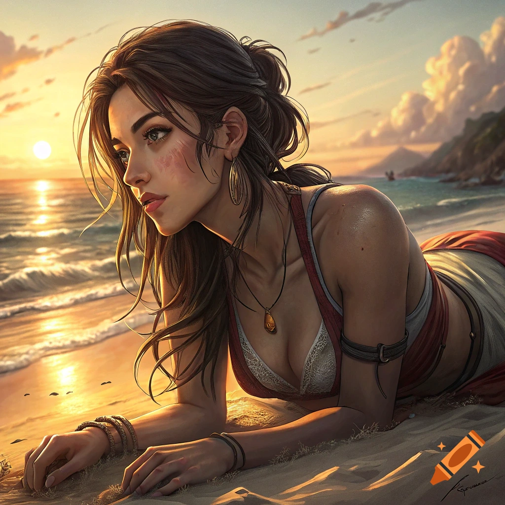 A highly detailed stylized image of a woman lying on a beach at sunset.
