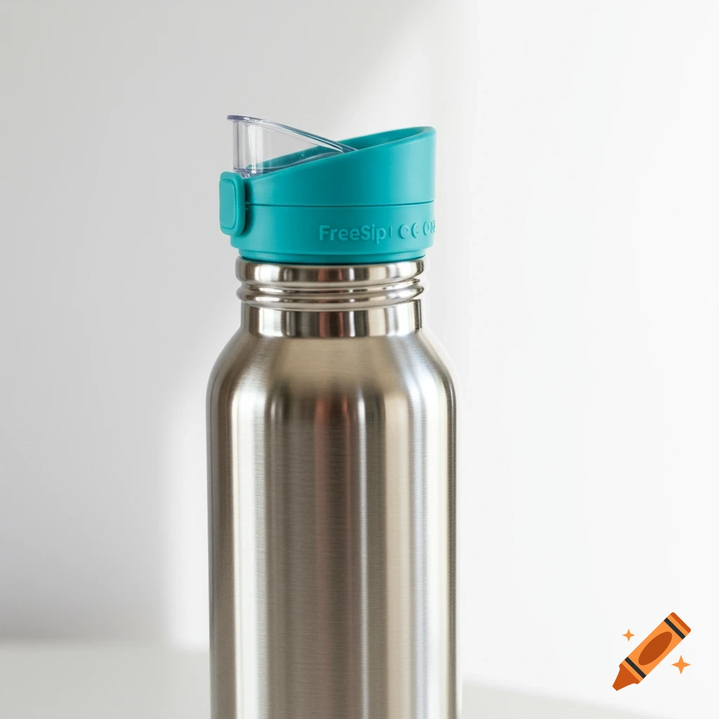 Close-up of a stainless steel water bottle with a blue FreeSip lid on a white surface.