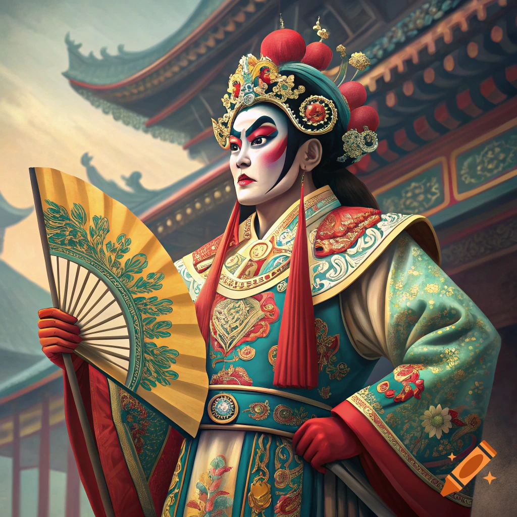Person in elaborate Chinese Peking Opera costume and makeup holding a fan, with traditional architecture