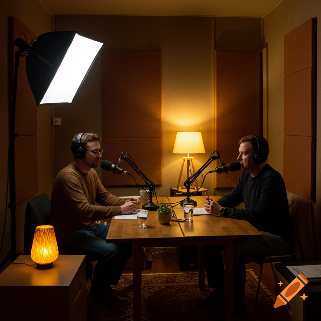 Two men recording a podcast in a warm, cozy studio.