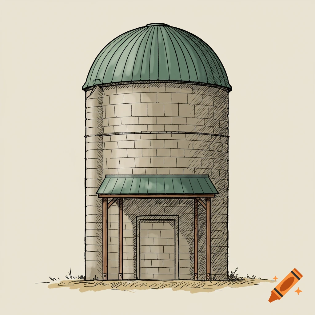 Drawing of a round grain silo with a green roof and covered doorway.