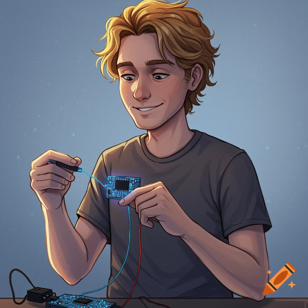 An illustrated man working on a circuit board