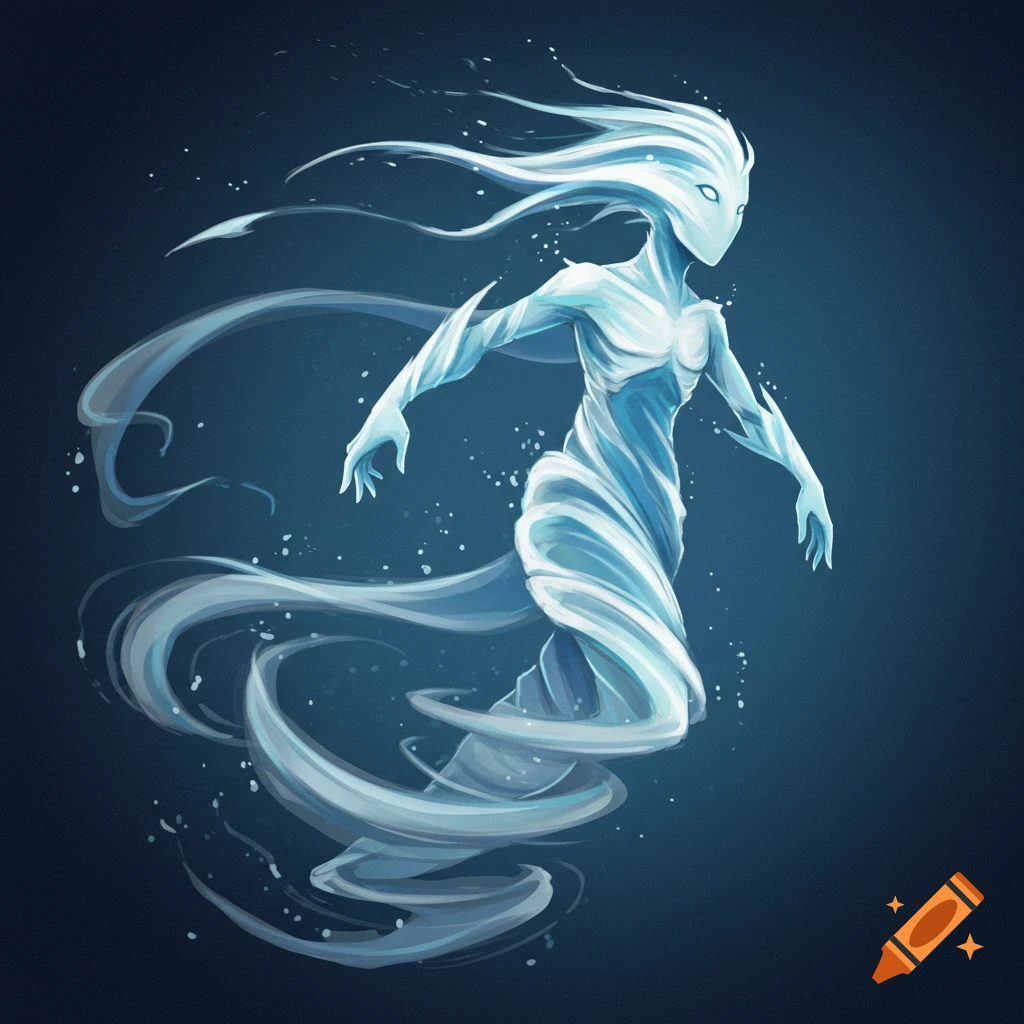 A blue air elemental figure with swirling energy trails against a dark background.