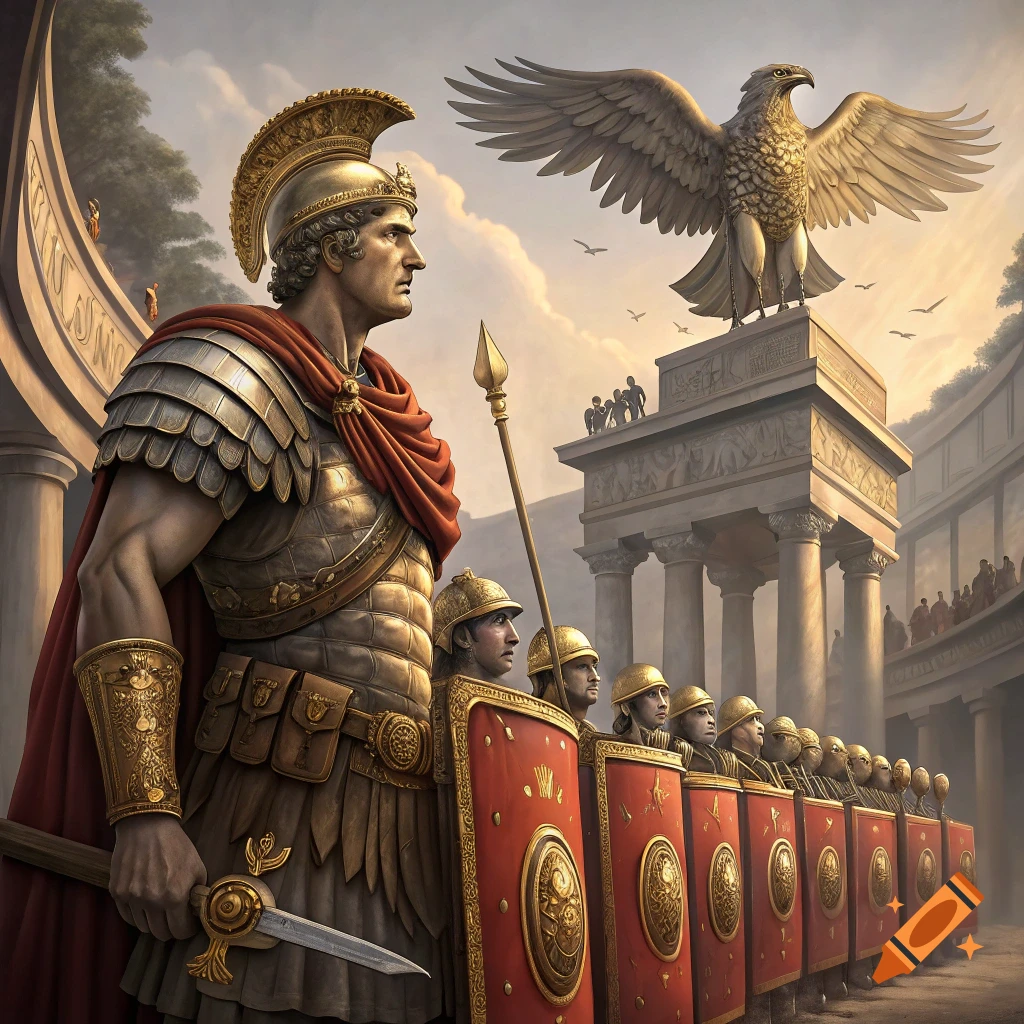 Roman soldiers stand in formation next to a large golden eagle statue and classical architecture.