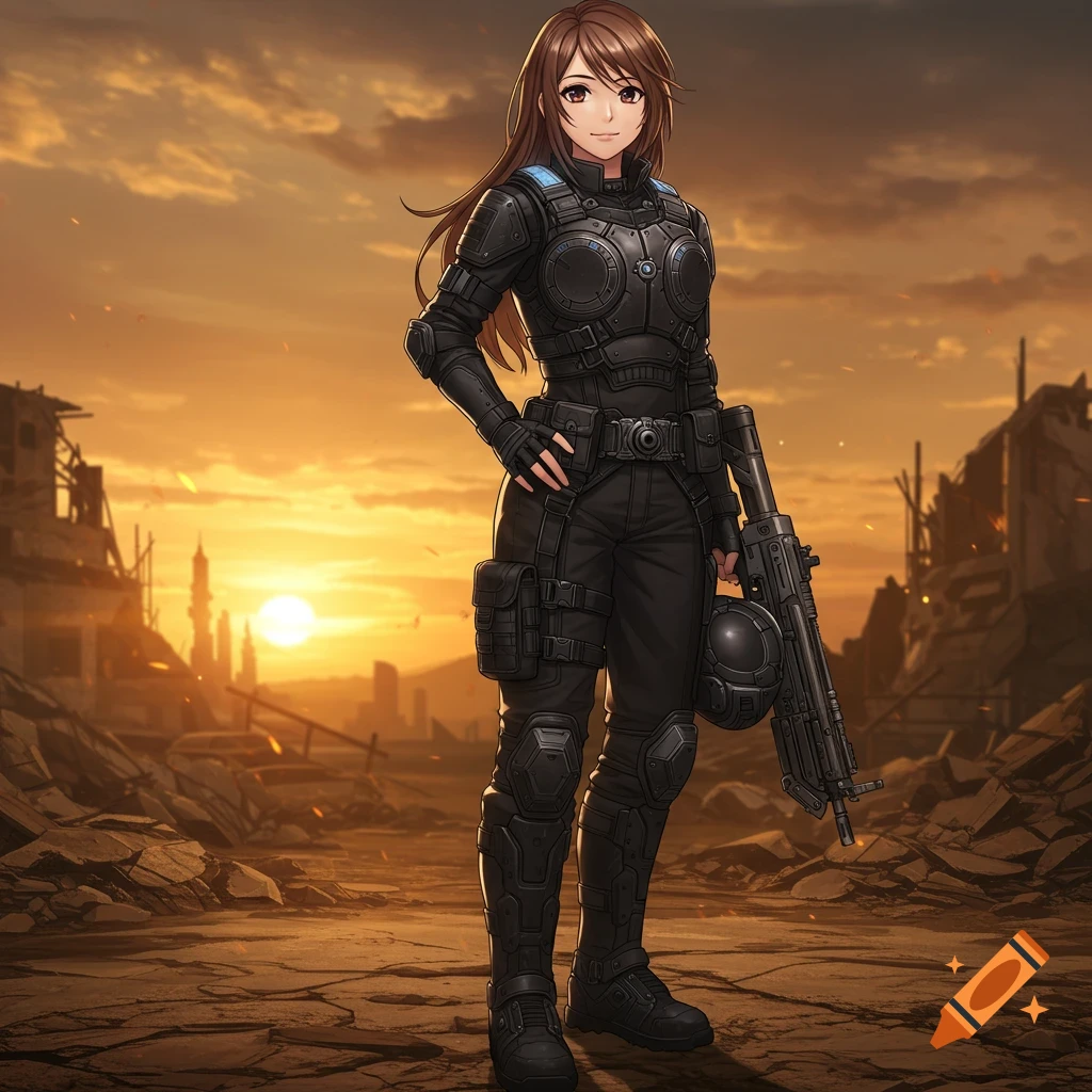 Anime girl in black military gear stands with a gun in a ruined city at sunset.