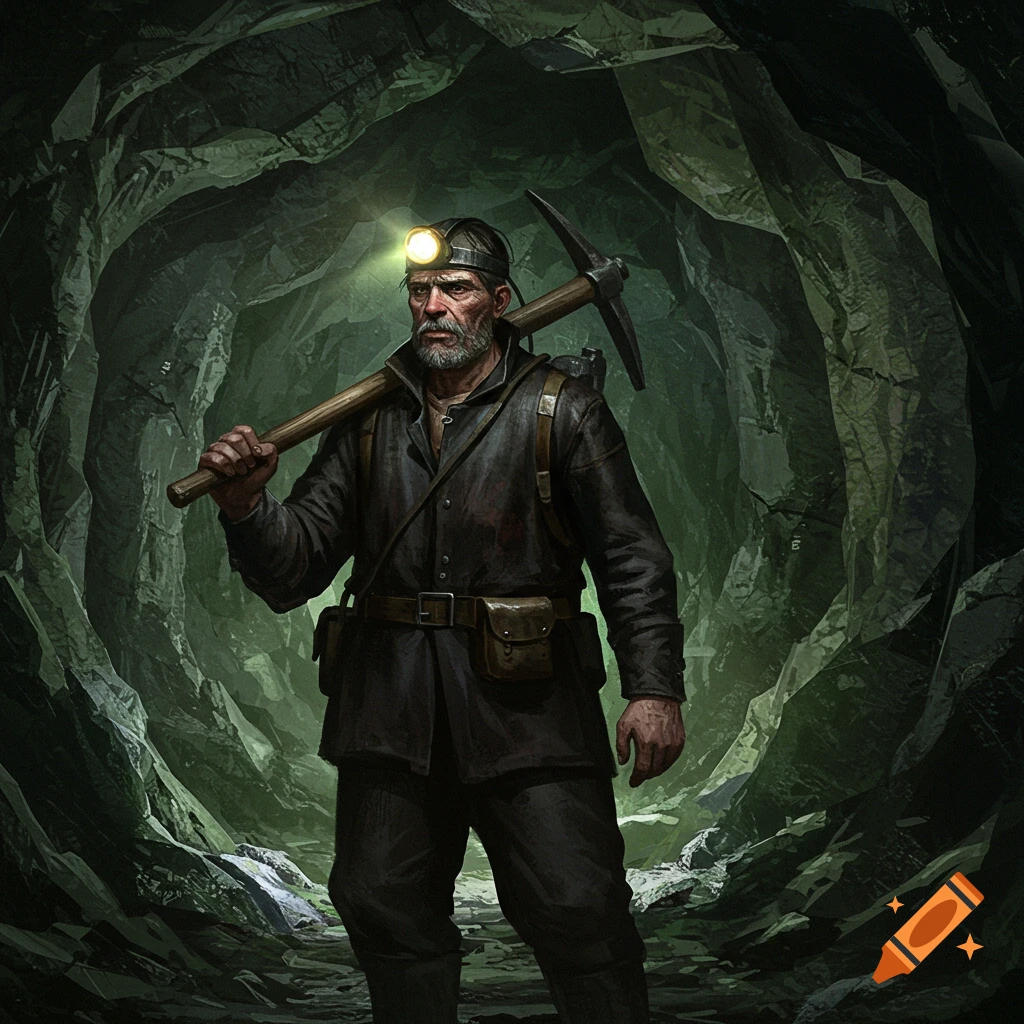 A rugged miner with a headlamp and pickaxe stands in a dark cave.