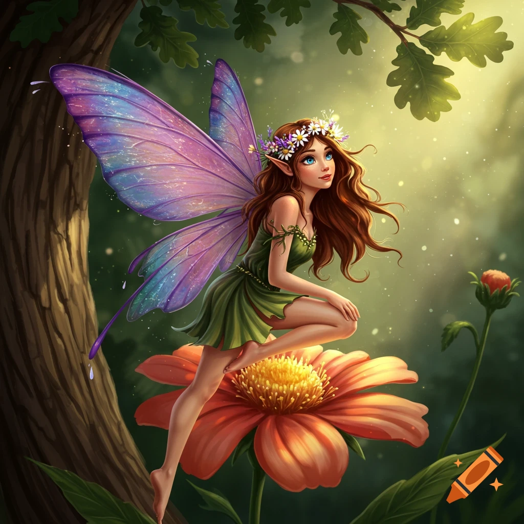 A magical fairy with purple wings and a flower crown sits on a large orange flower in a sunlit forest.