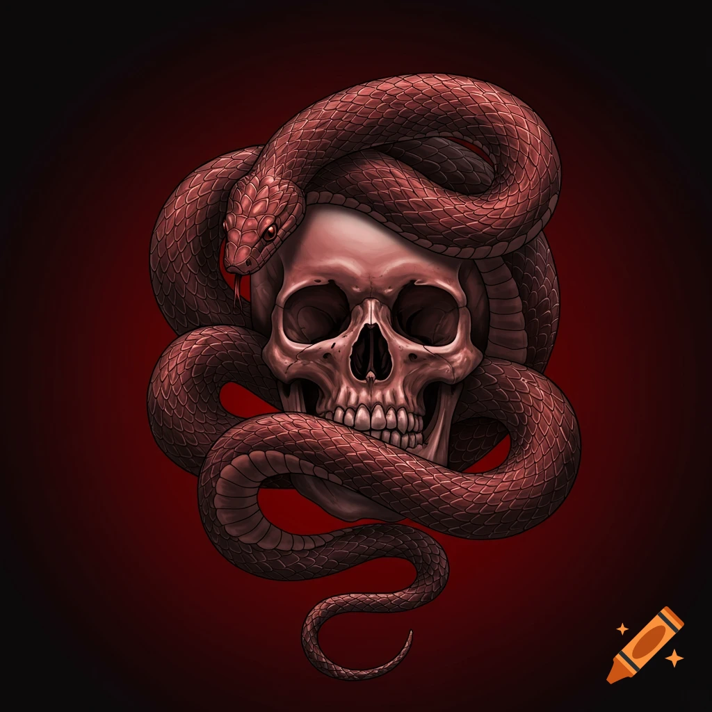 Stylized illustration of a snake coiled around a skull against a red background.