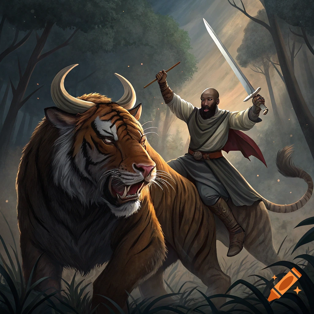 Illustration of a warrior riding a horned tiger through a forest, holding a sword.