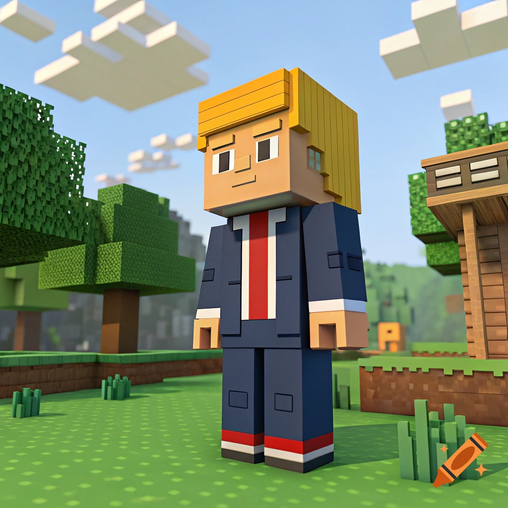 Minecraft style character resembling Donald Trump standing in a blocky world.