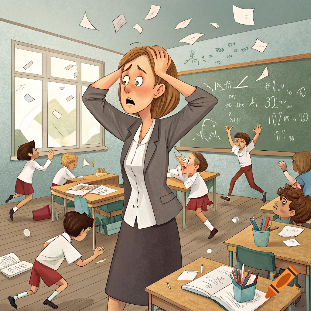 Cartoon illustration of a stressed teacher holding her head in a messy classroom with chaotic students throwing paper.