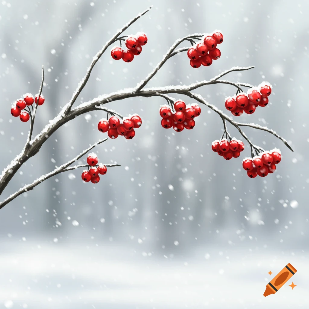 A curved branch covered in snow and red berries during snowfall against a snowy background.