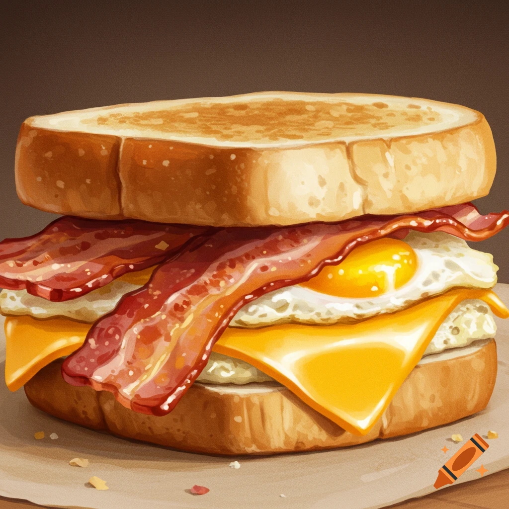 Illustration of a bacon, egg, and cheese sandwich on toast.