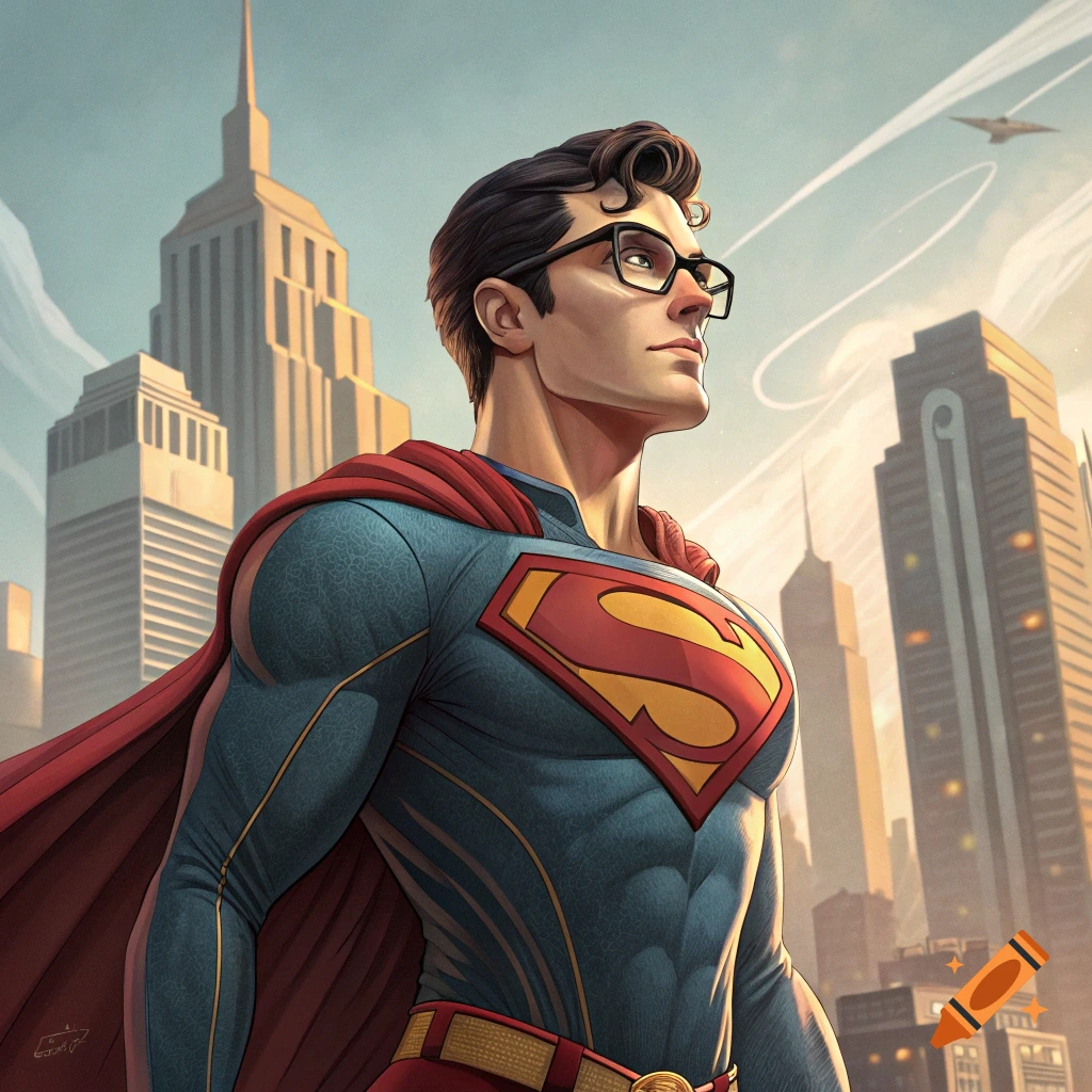 Illustration of a man resembling Clark Kent/Superman, wearing glasses and costume, standing before a city skyline.