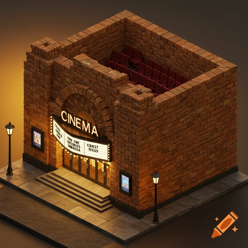 An isometric view of a brick cinema building with a lit marquee, stairs, and red seats visible inside.