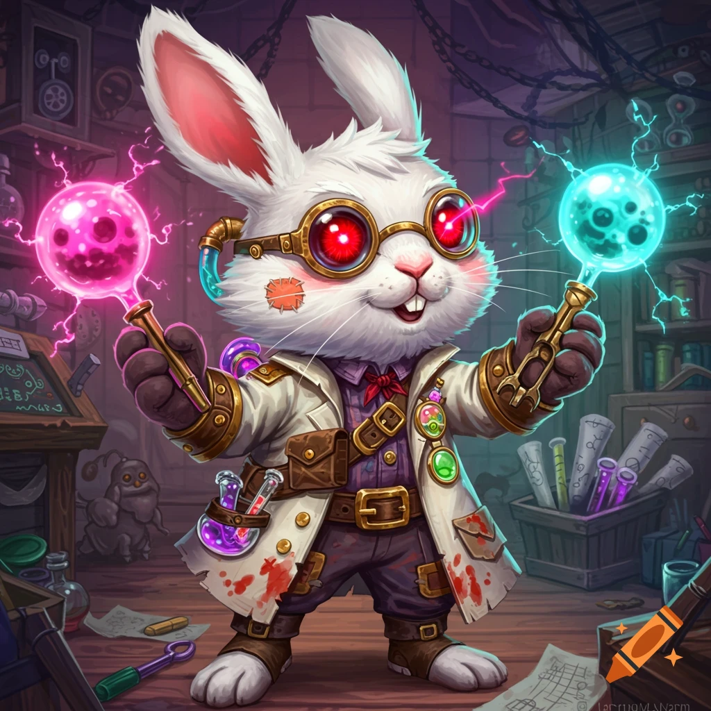 Cartoon rabbit in lab coat and goggles holds glowing orbs in a cluttered lab.