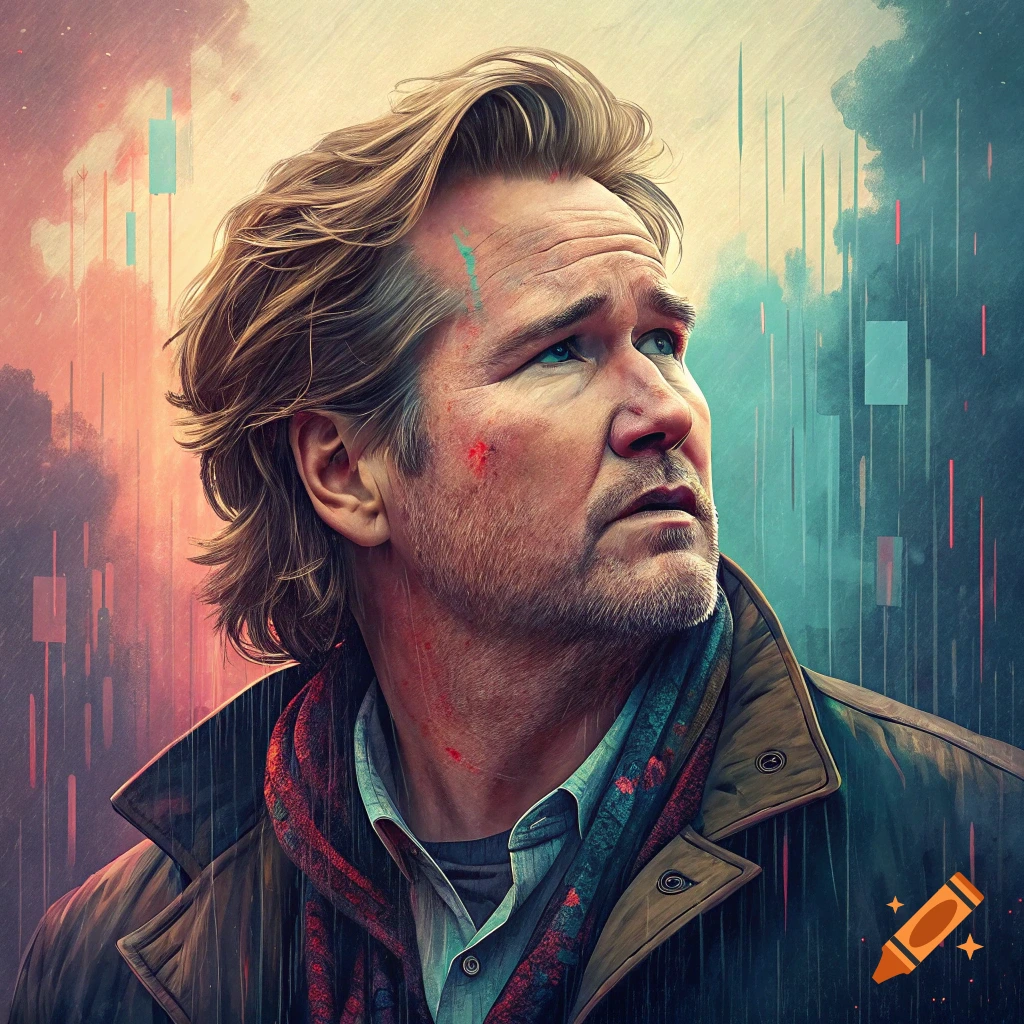 Portrait of a man with marks on his face in a glitch art style background.