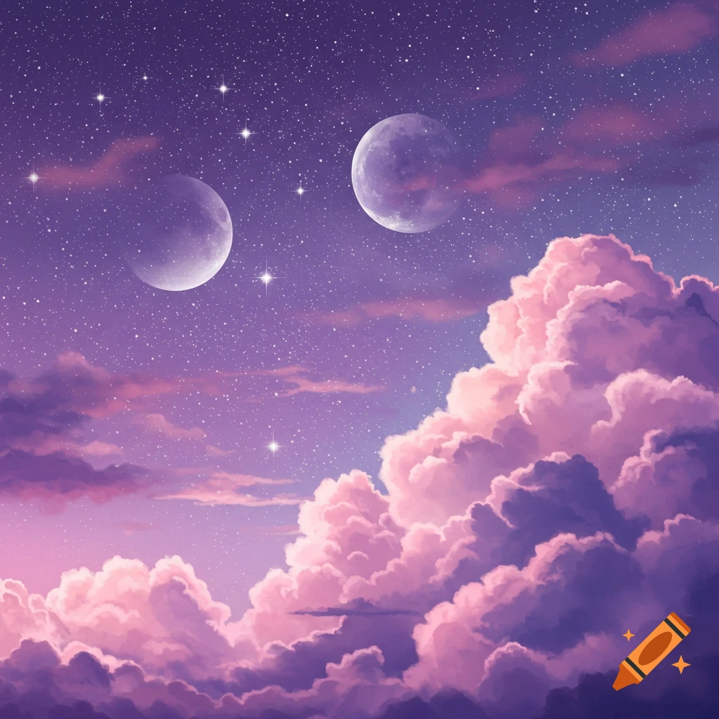 A dreamy purple and pink sky filled with stars, clouds, and two large moons.