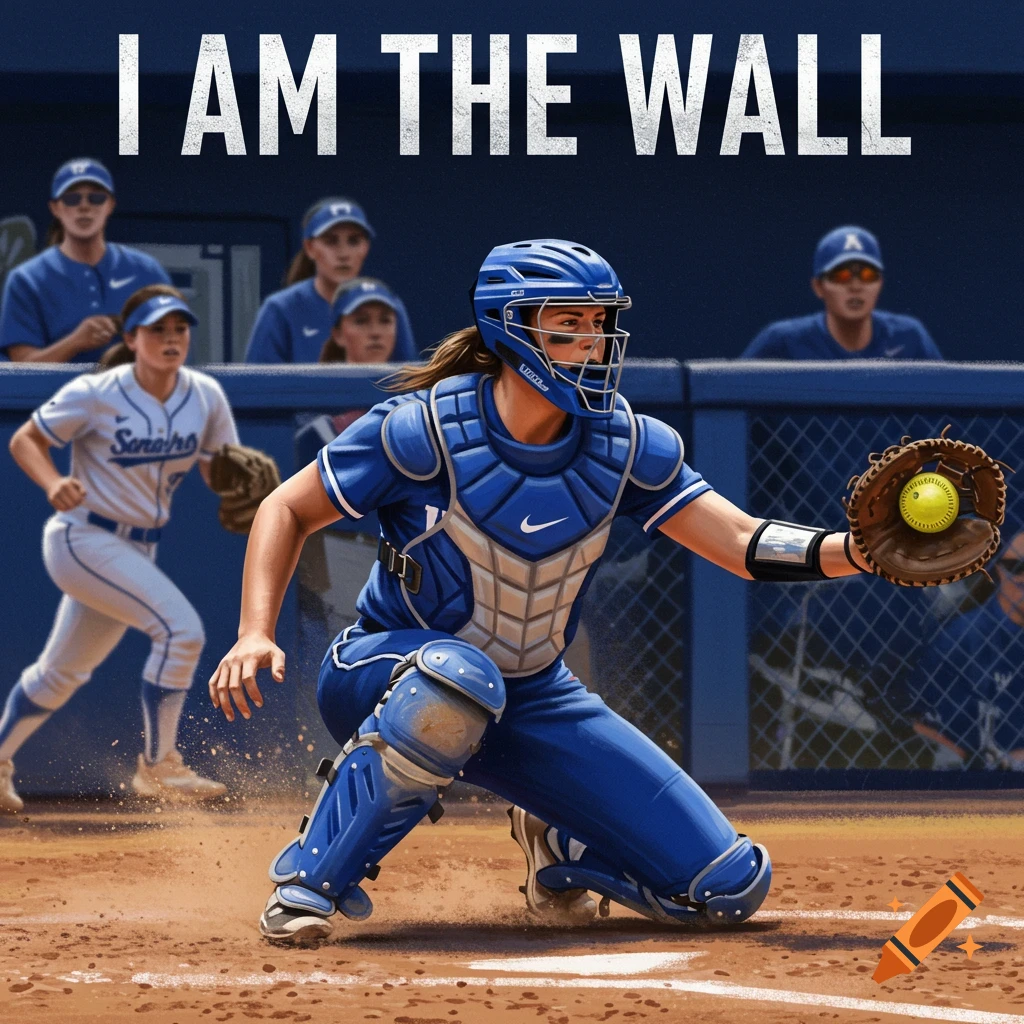 A softball catcher in blue gear catches a ball, with text 'I AM THE WALL' above.
