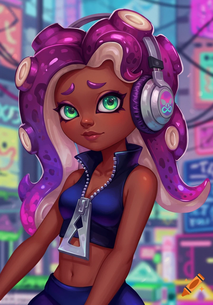 Marina from Splatoon with dark brown skin and headphones in a city background, stylized illustration