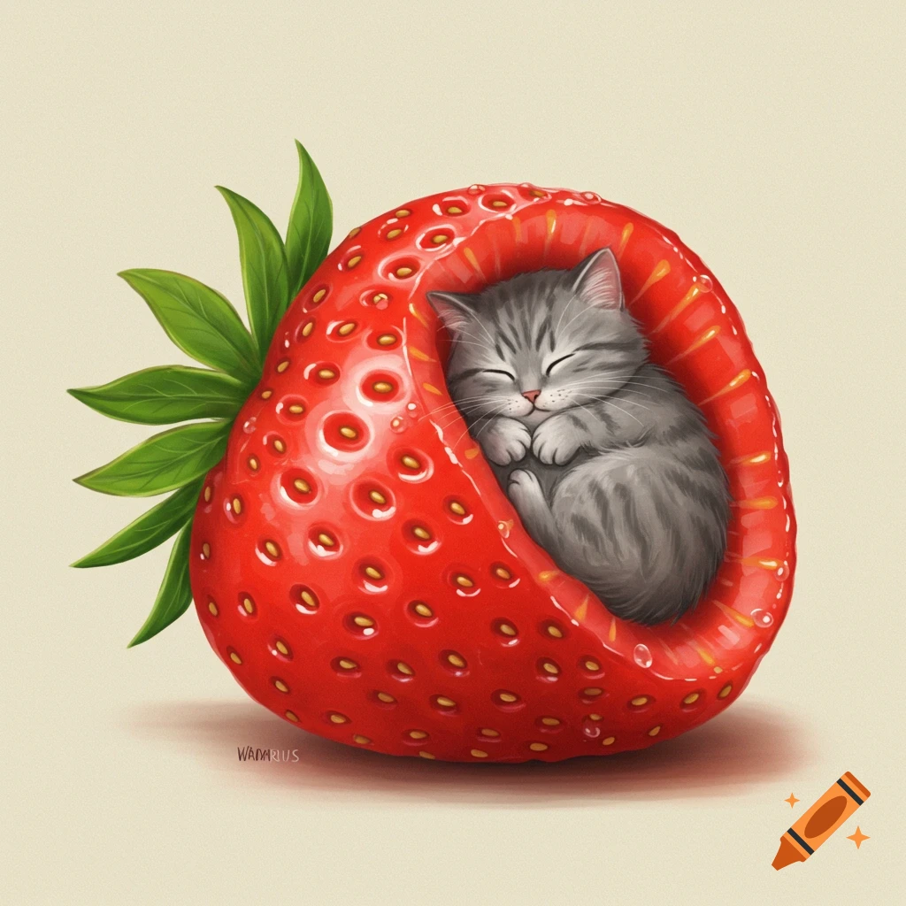 Illustration of a grey kitten sleeping curled up inside a large strawberry.