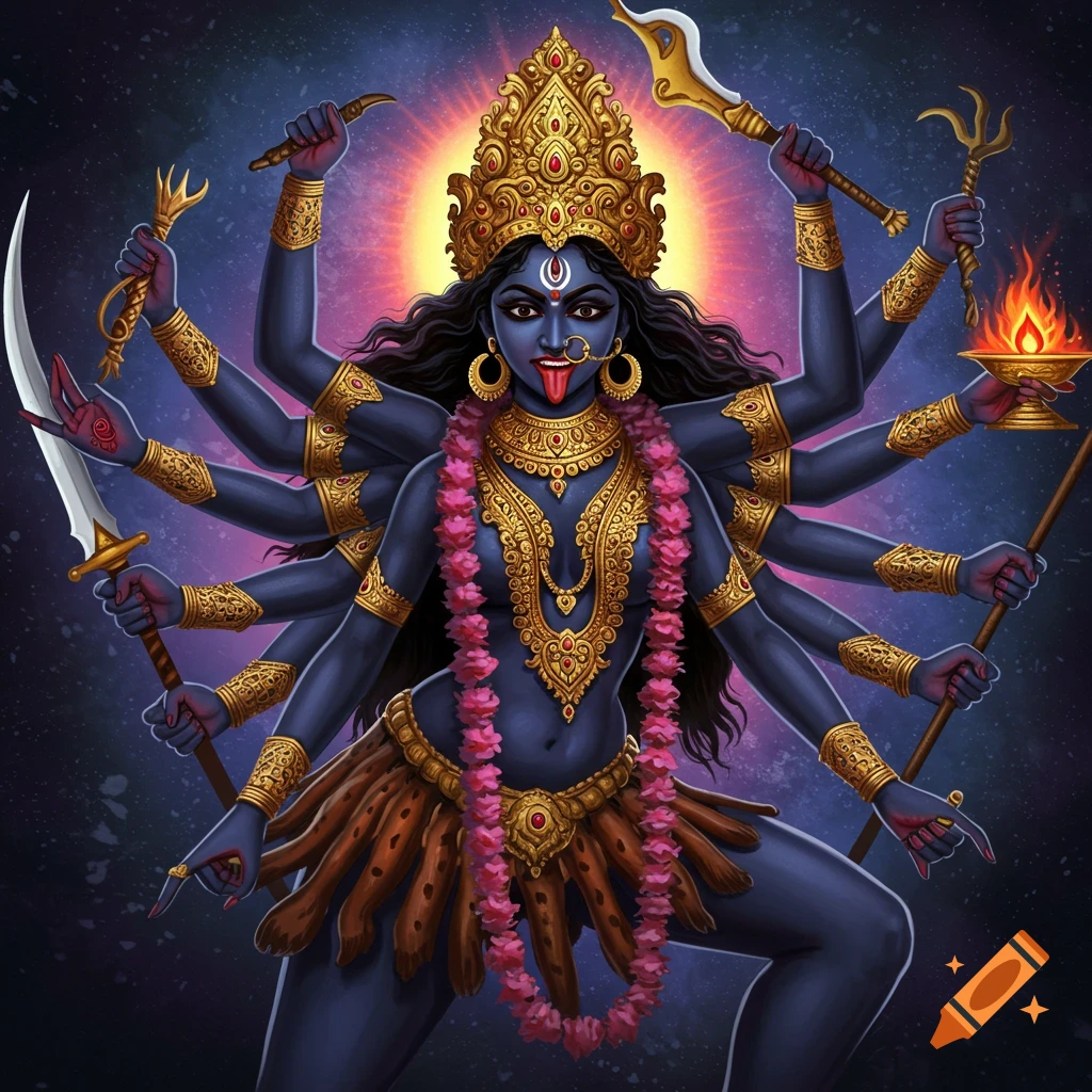Illustration of the Hindu goddess Kali with multiple arms holding weapons, against a cosmic background.