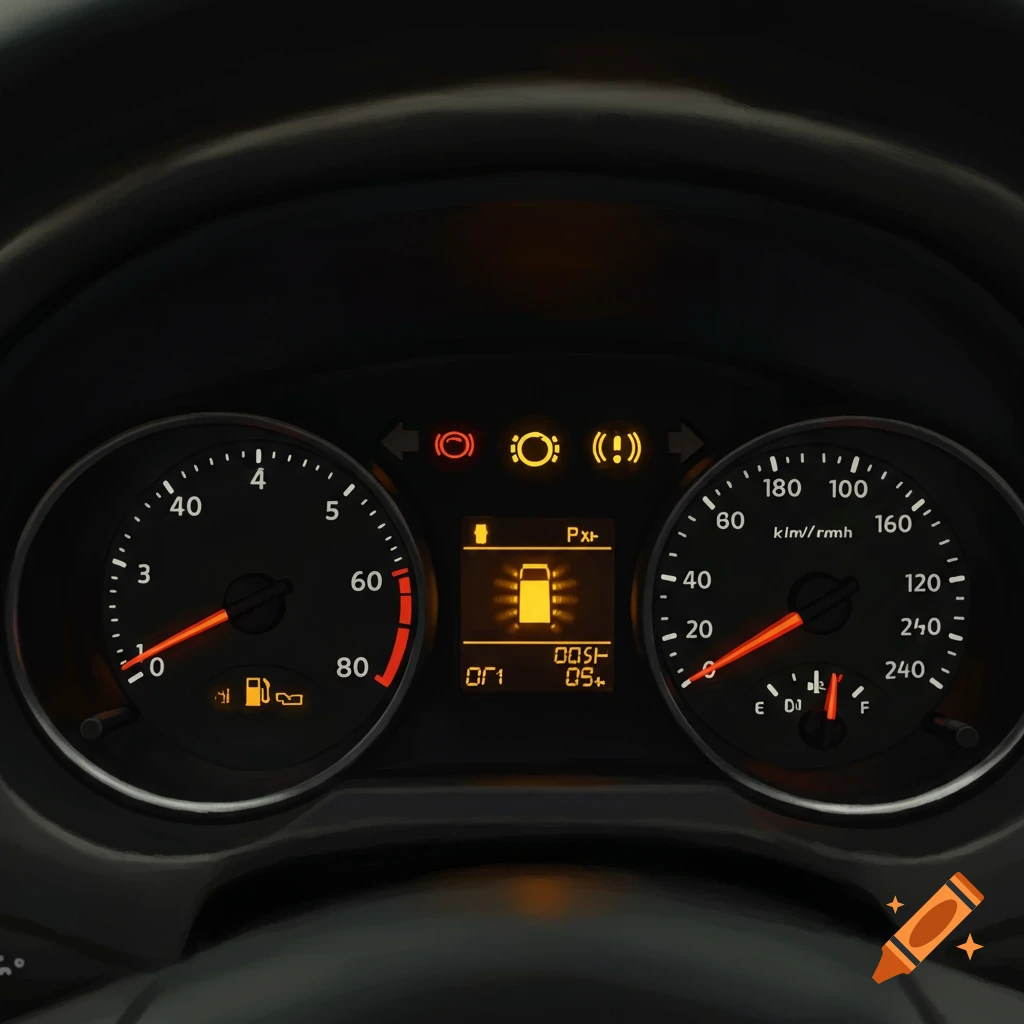 Close-up of a car dashboard with speed and RPM gauges, warning lights, and a digital display.