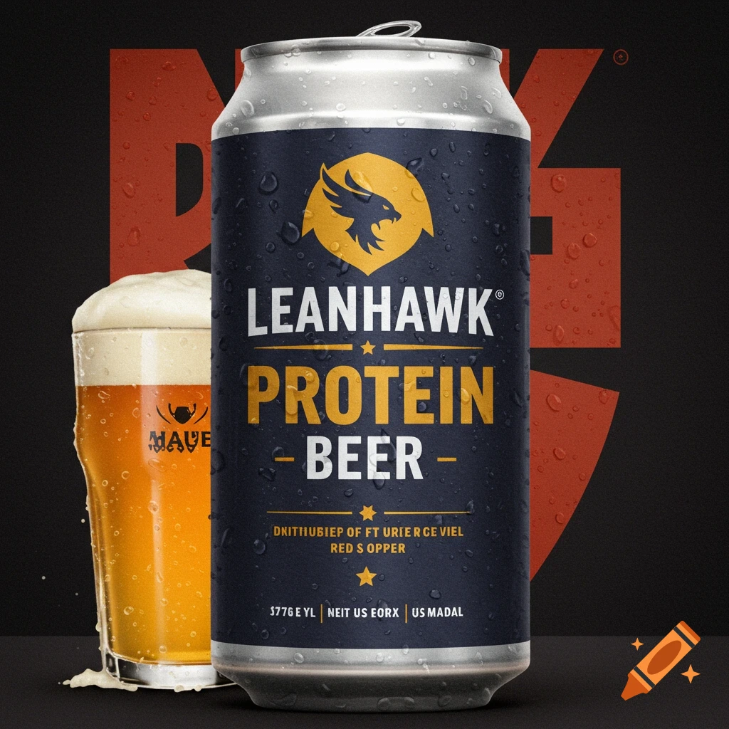 A can labeled "LeanHawk Protein Beer" with water droplets next to a glass of beer.
