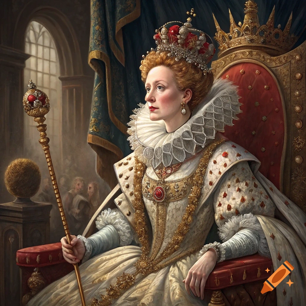Portrait of Queen Elizabeth I seated on a throne, holding a scepter.
