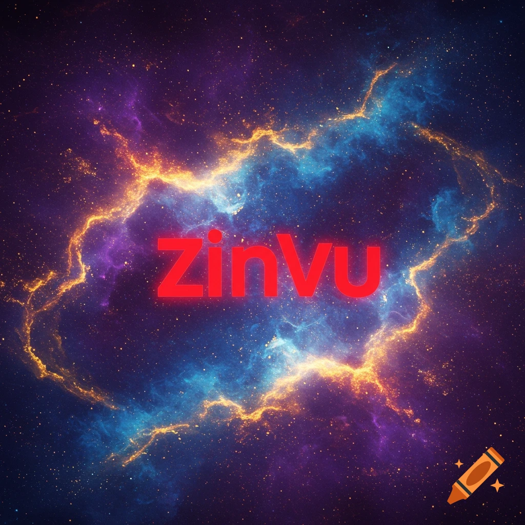 The word ZinVu in red against a colorful space nebula background with stars.