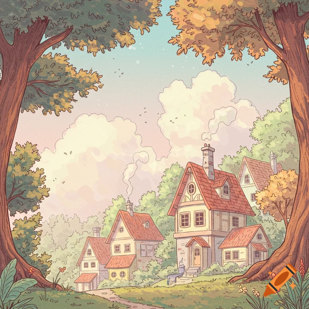 Stylized illustration of a village nestled among trees, in a Ghibli style