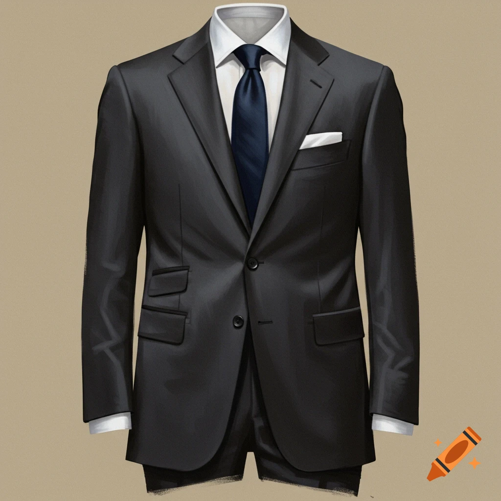 A black business suit with white shirt, blue tie, and white pocket square.