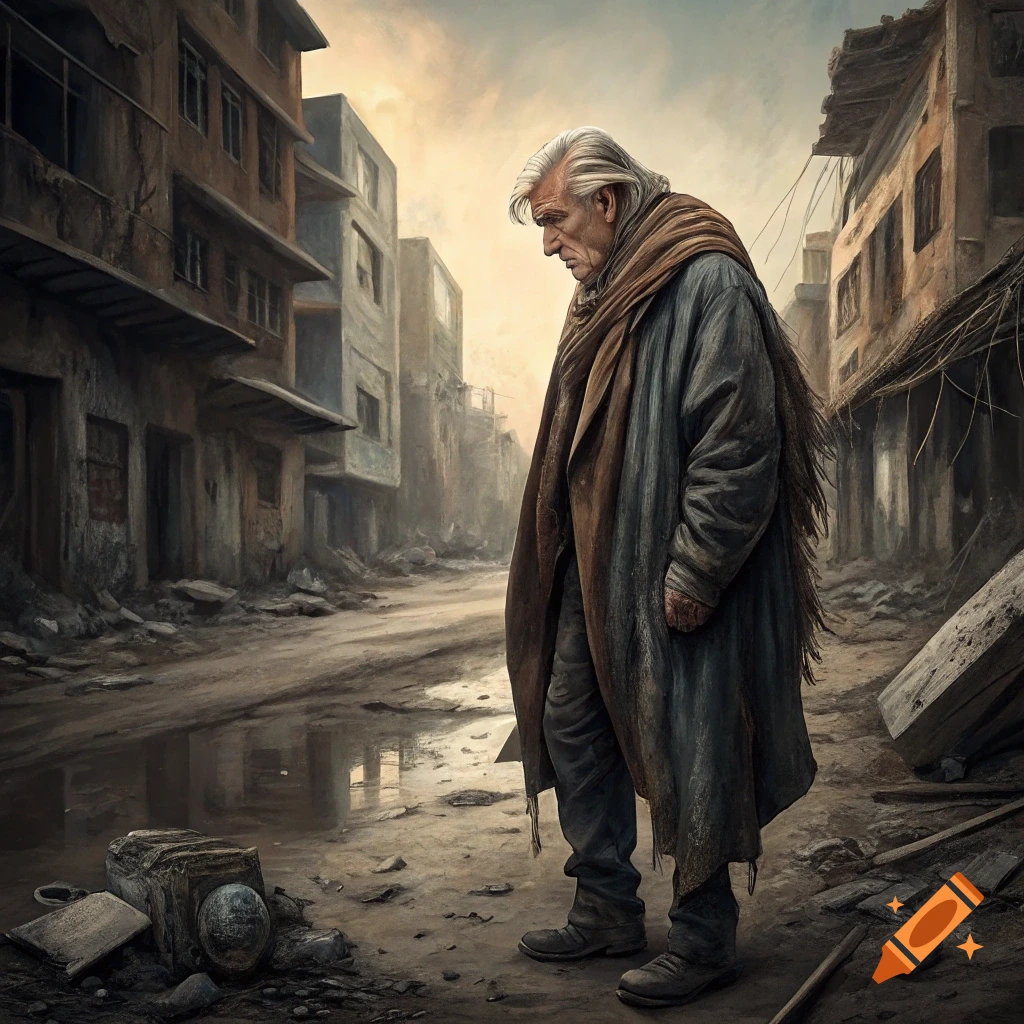 An old man stands in a ruined city street amidst debris and puddles. Painterly style.