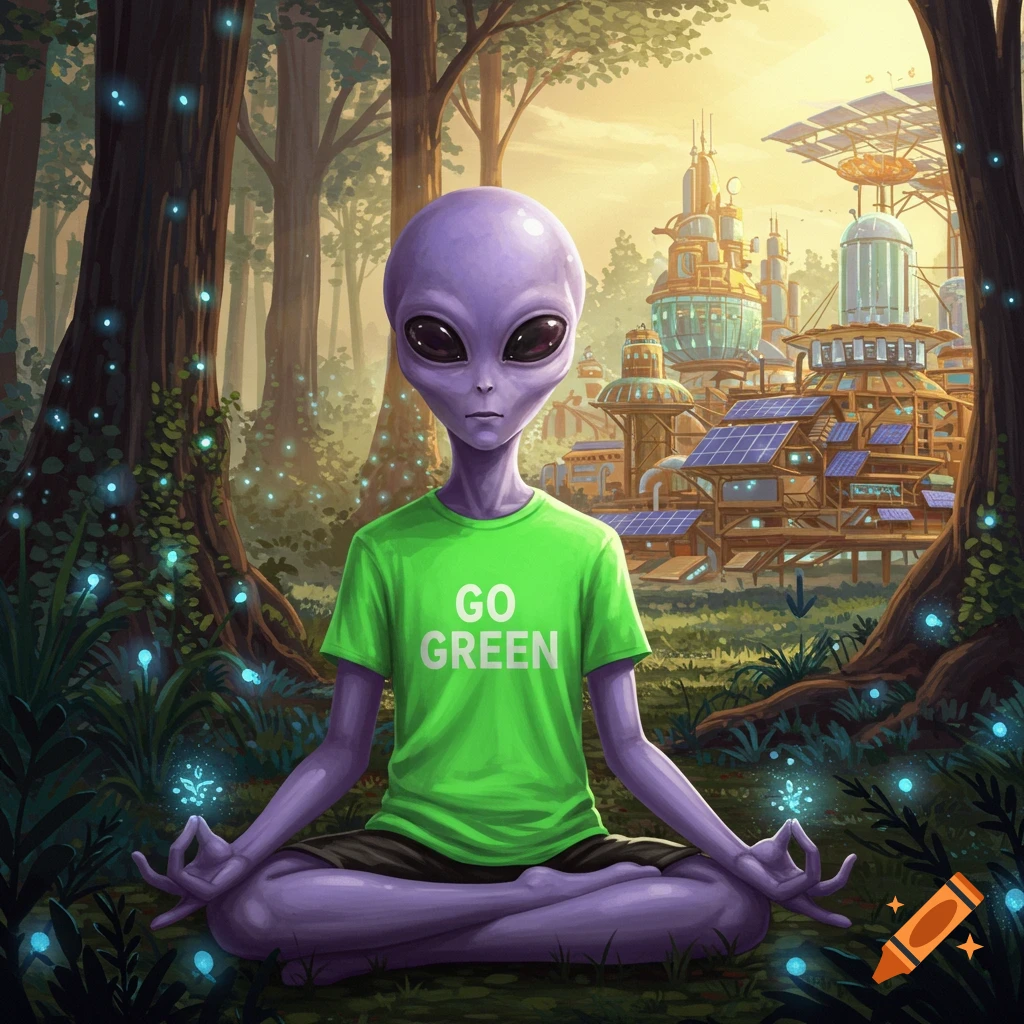 Purple alien meditating in a forest wearing a 'GO GREEN' shirt, with a solar punk city in the background.