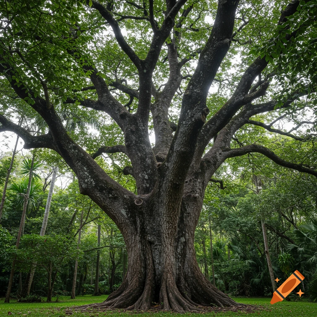 A massive tree with wide-spreading branches and large buttress roots in a forest clearing.
