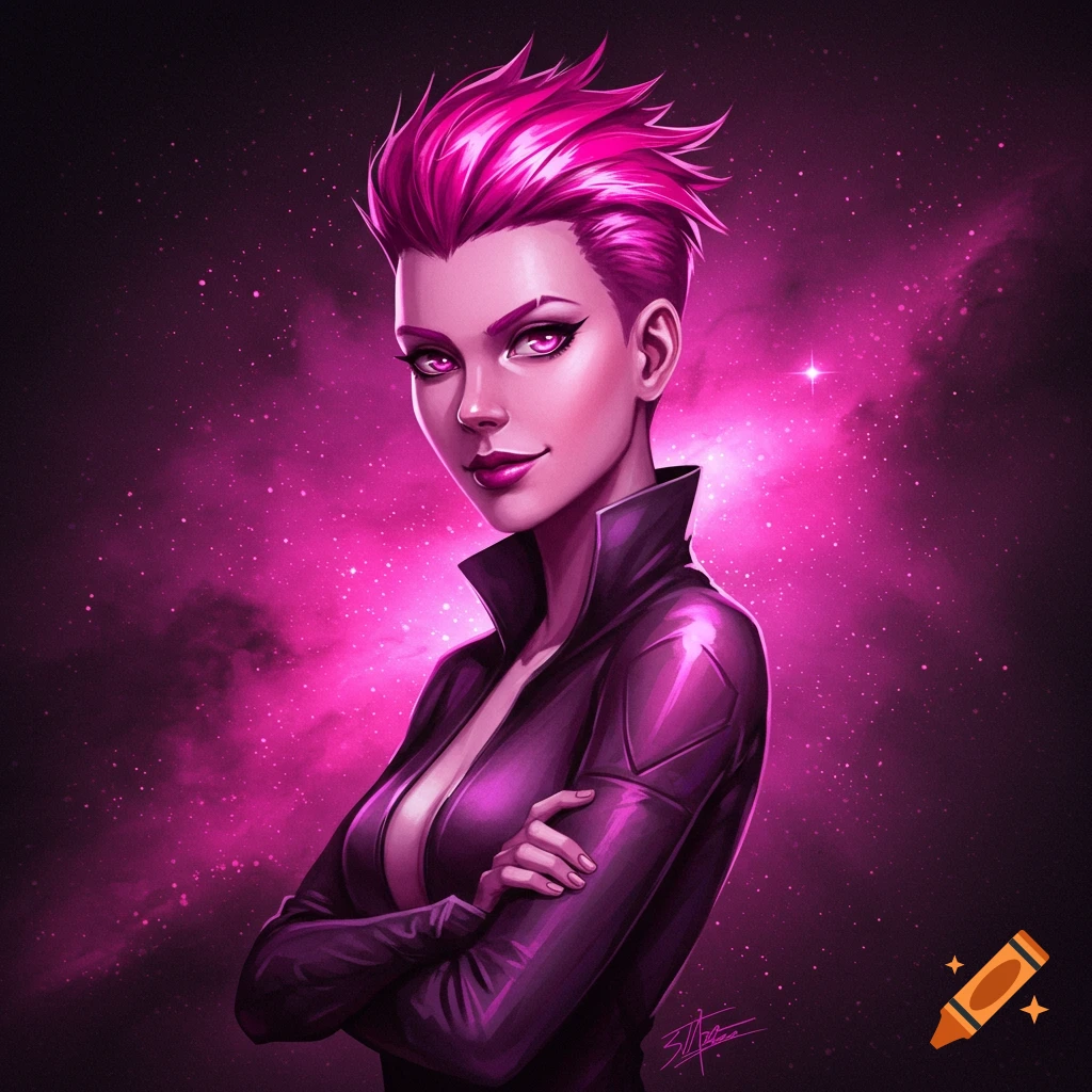 Stylized portrait of a woman with pink hair and leather jacket against a galaxy background.