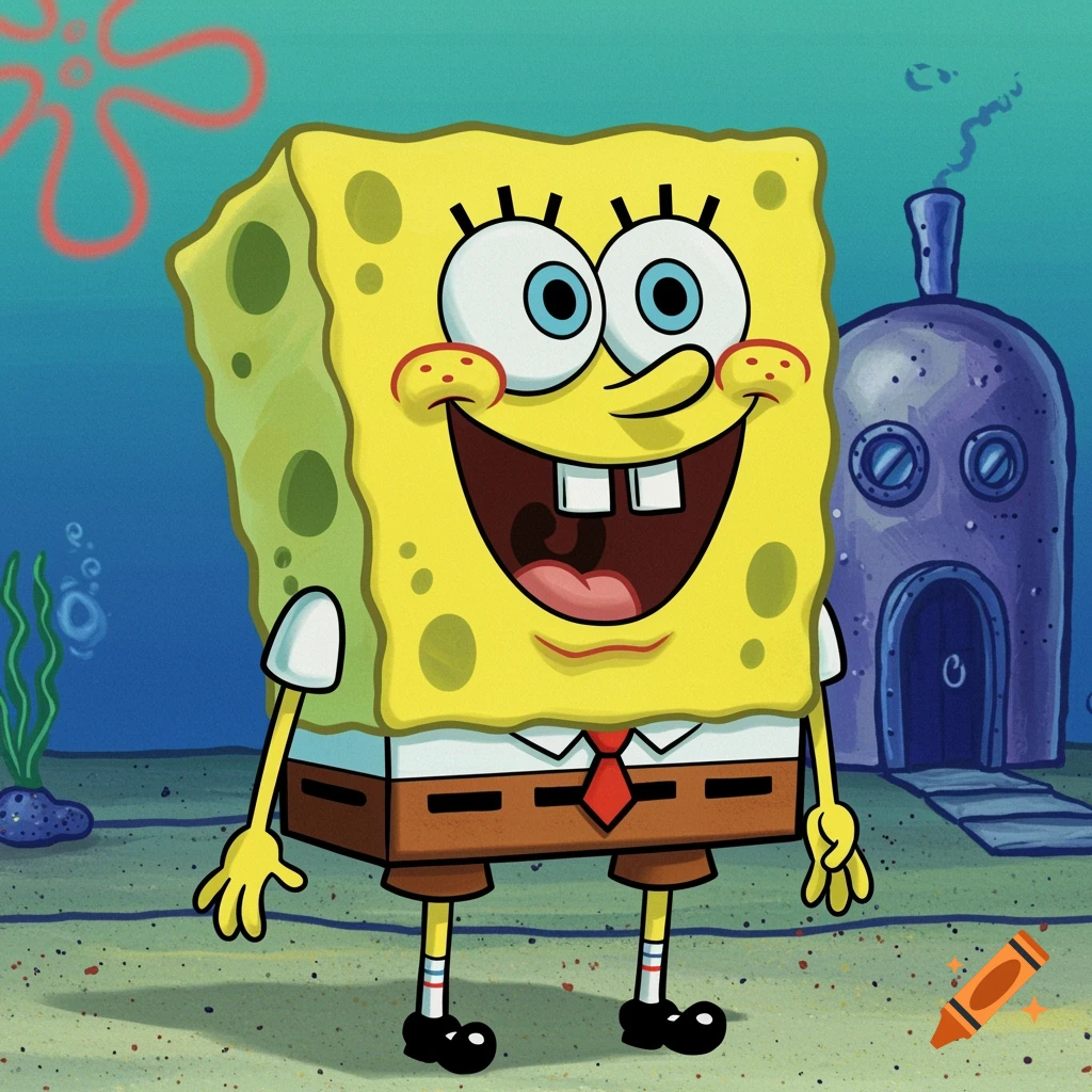 Spongebob Squarepants stands on the seabed and smiles in his iconic cartoon style.