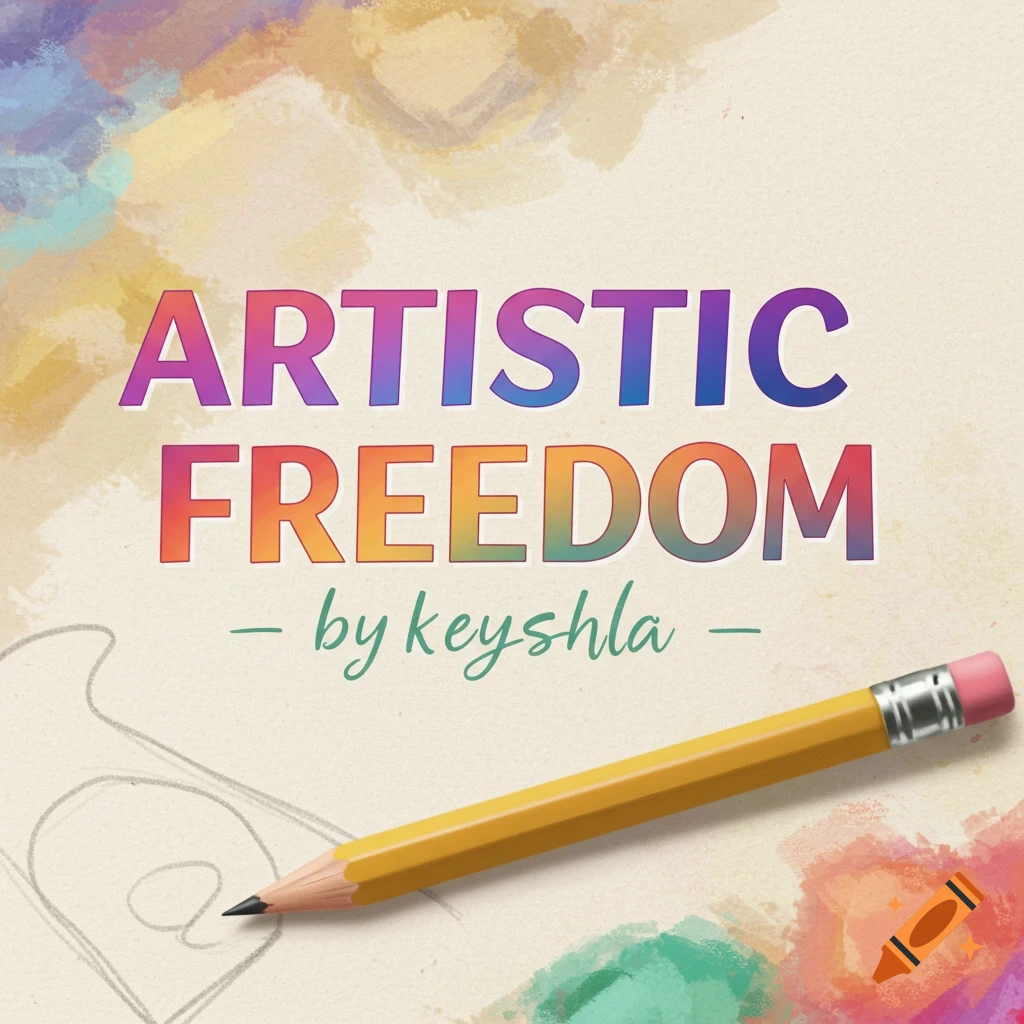 Title 'Artistic Freedom by keyshla' with a pencil sketching on a textured background with watercolor splashes.
