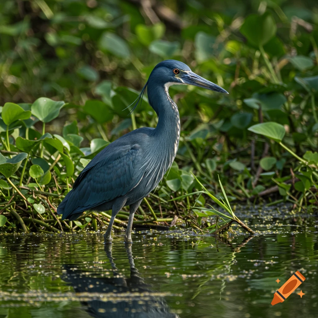 A blue heron stands in shallow water among green plants.