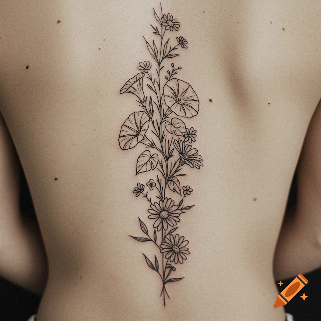 Fine line floral tattoo of morning glory and daisy on a person's spine.