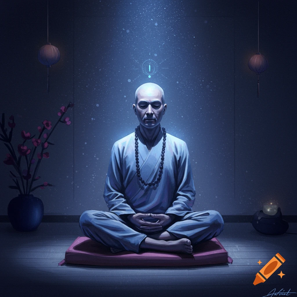 A person sits in meditation pose with prayer beads in a dark room with lanterns and flowers.