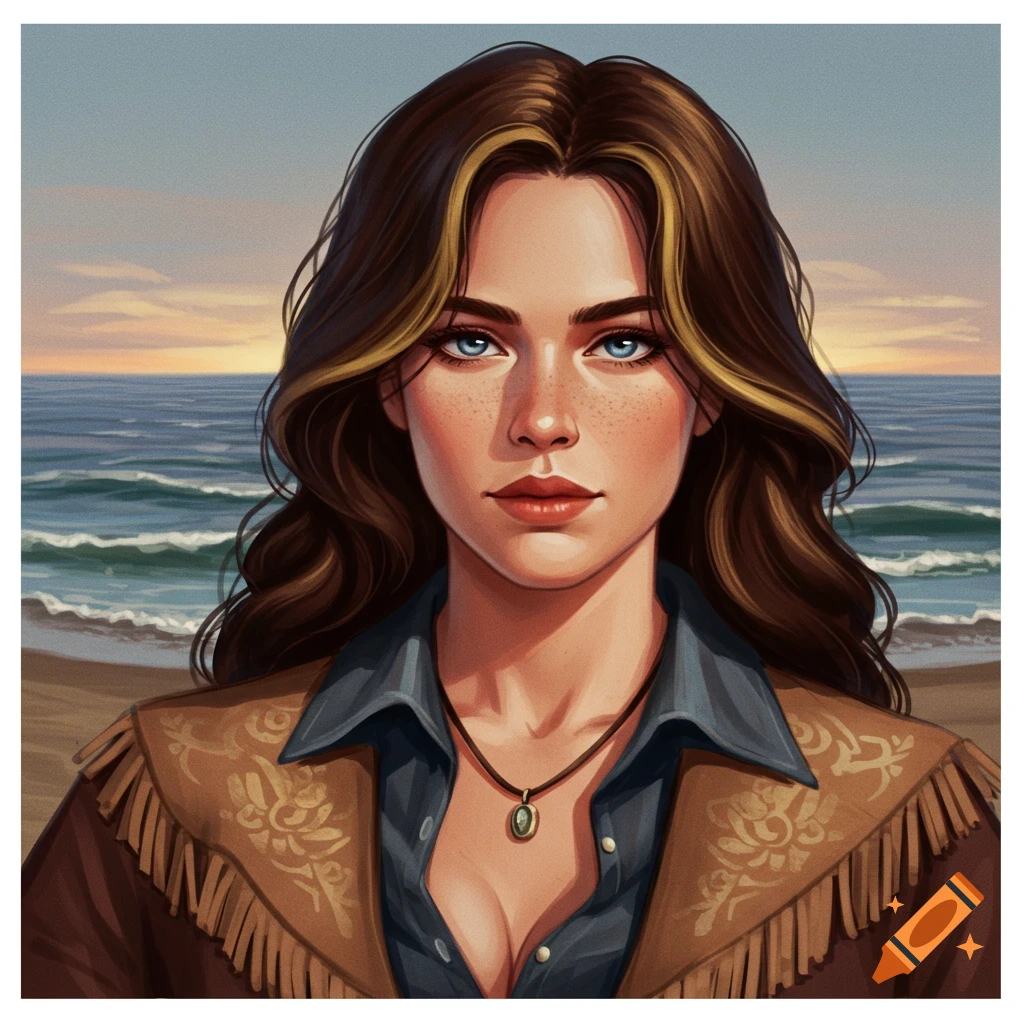 A portrait of a woman with brown hair and highlights, blue eyes, and freckles, wearing a western-style jacket on a beach.