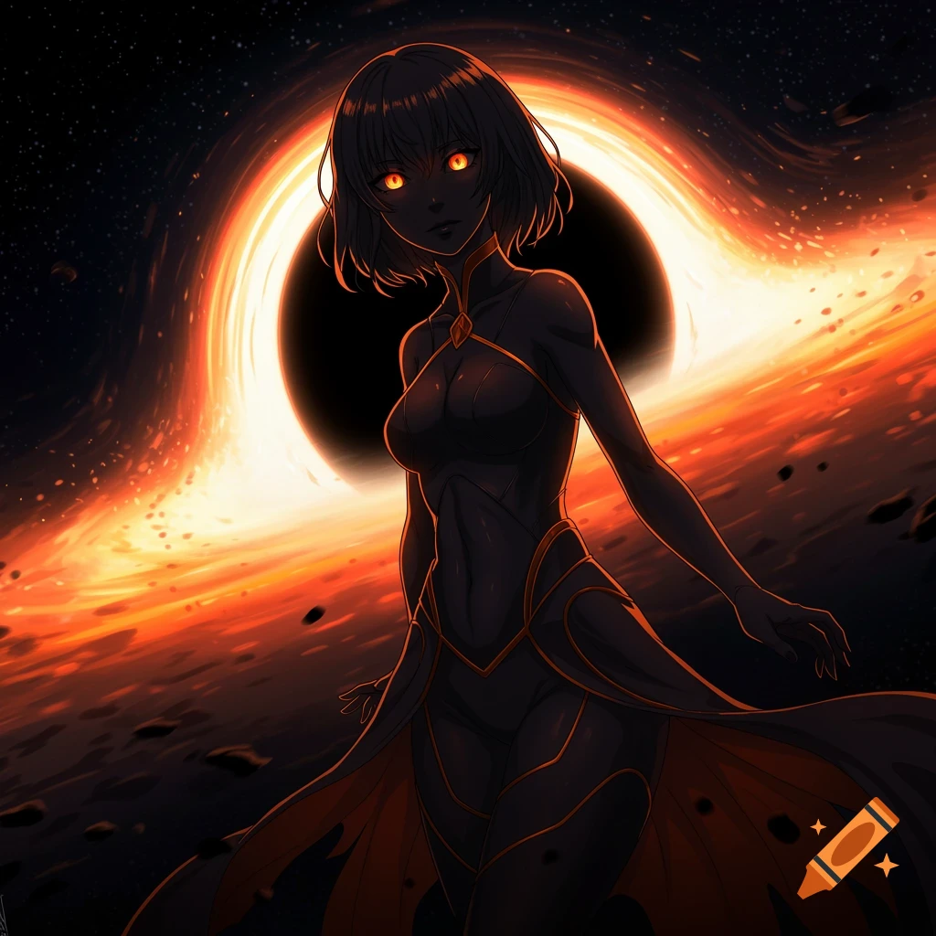 Anime illustration of a dark woman with glowing eyes standing before a black hole accretion disk.
